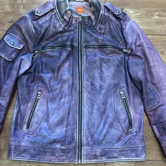 Vintage Y2K Hugo Boss Orange Label Pink/Purple Faded Distressed Leather Jacket